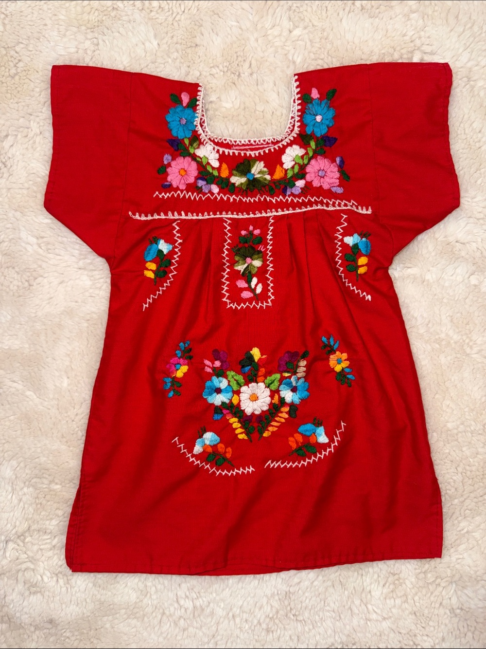 Red Embroidered Mexican Tunic Top with Colorful Floral Design